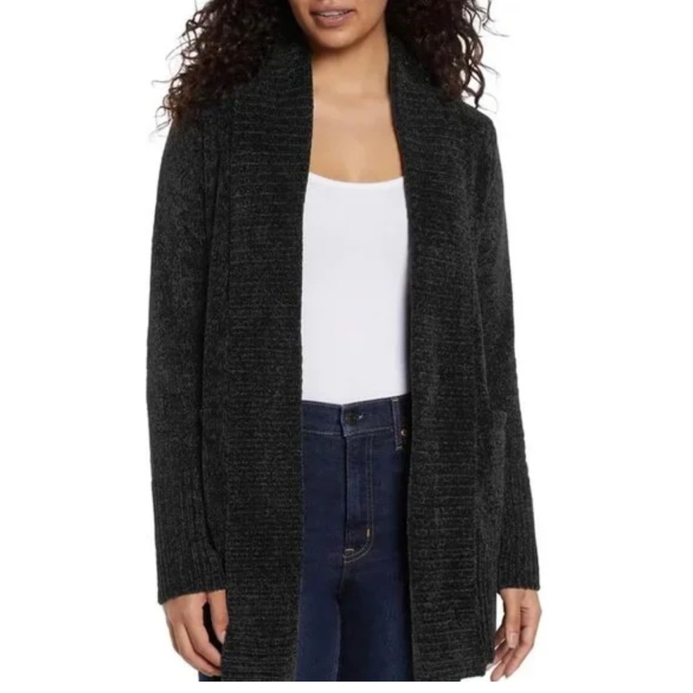 Orvis Black Chenille Open Front Cardigan Longline Size Large